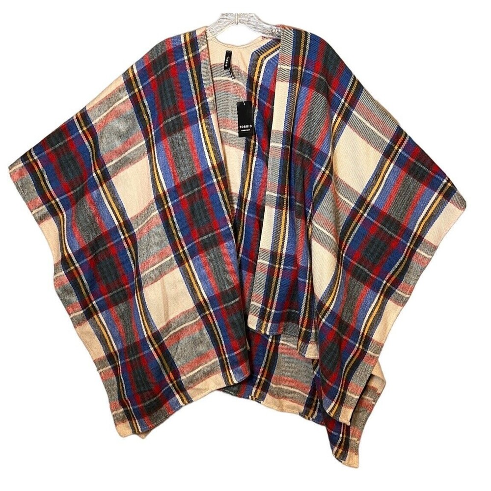 Torrid Cardigan OS Camel Beige Red Plaid Poncho Shawl Wrap Scarf One Size